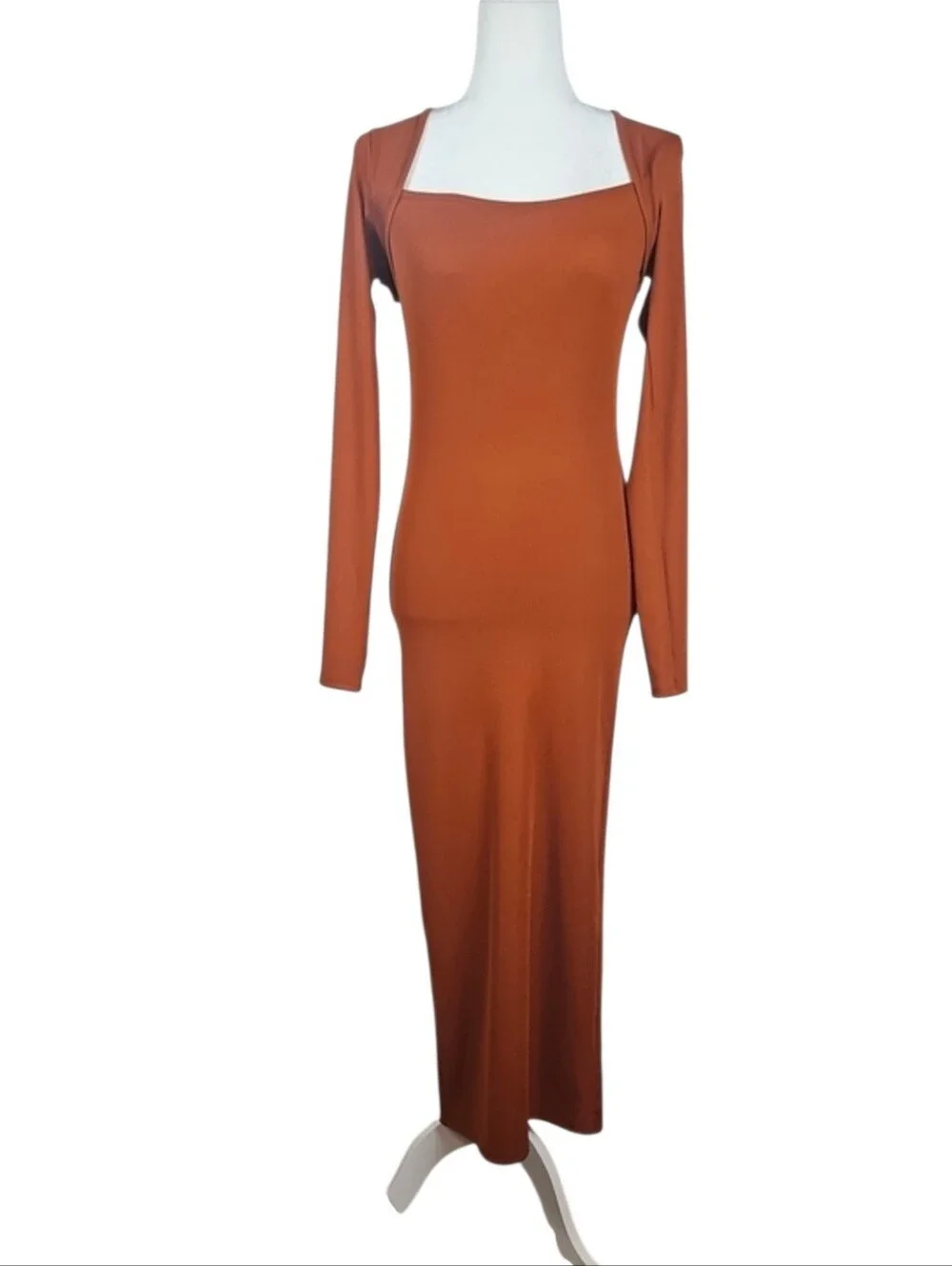 Terracotta Rust Orange Long Sleeve Square Neck Maxi Dress Fall Autumn Season